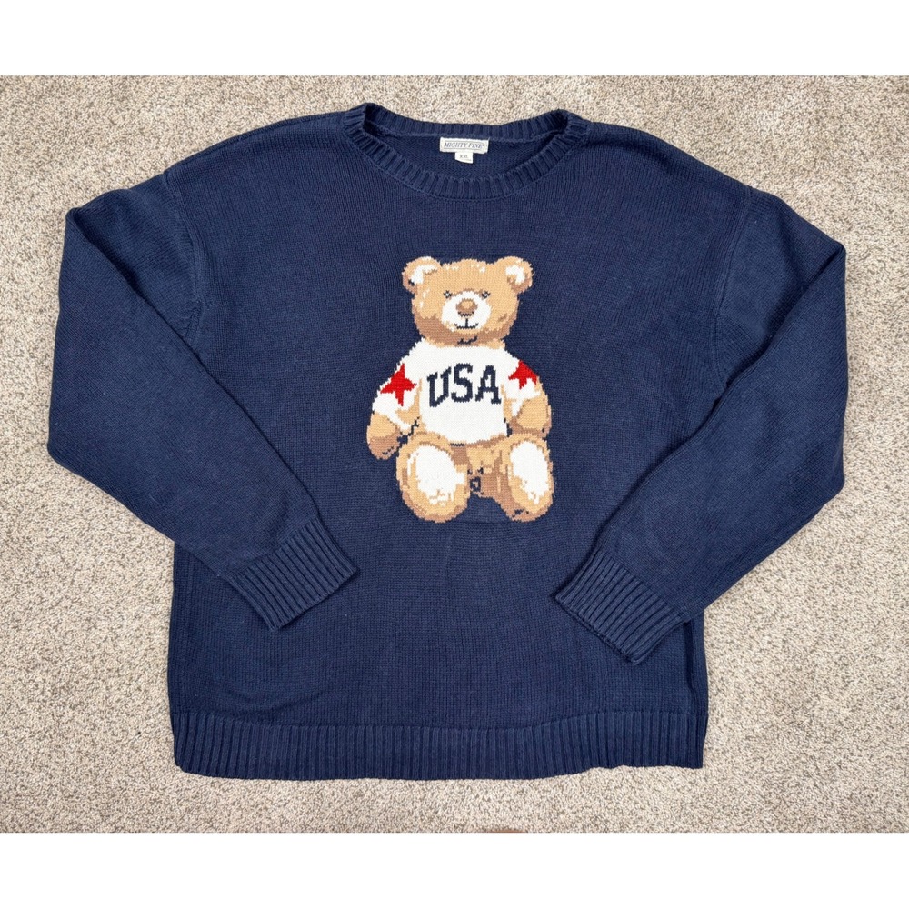 Mighty Fine USA Teddy Bear Sweater Navy Blue Crewneck Knit XXL Americana Graphic
